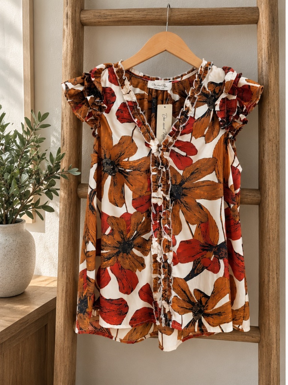 Doe and Rae Floral Satin Ruffle Blouse Rust Ivory NWT